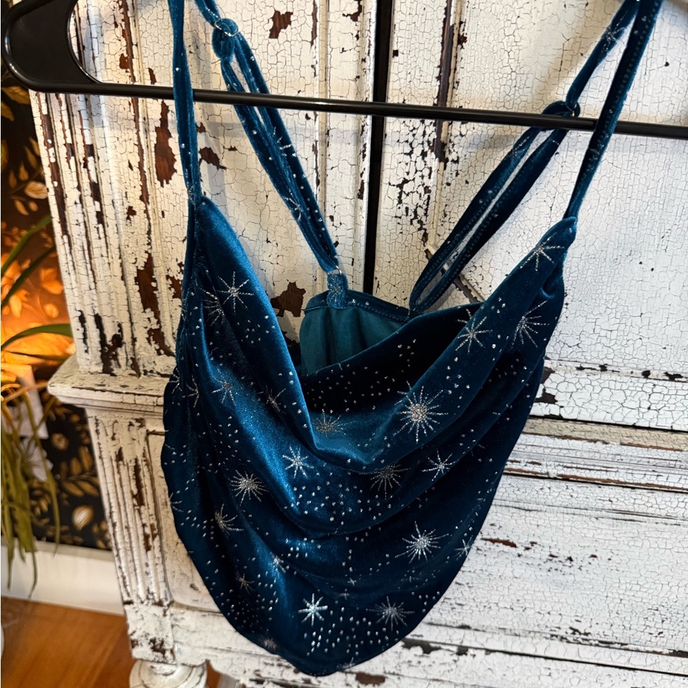 Cider Blue Velvet Starry Cowl Neck cropTop